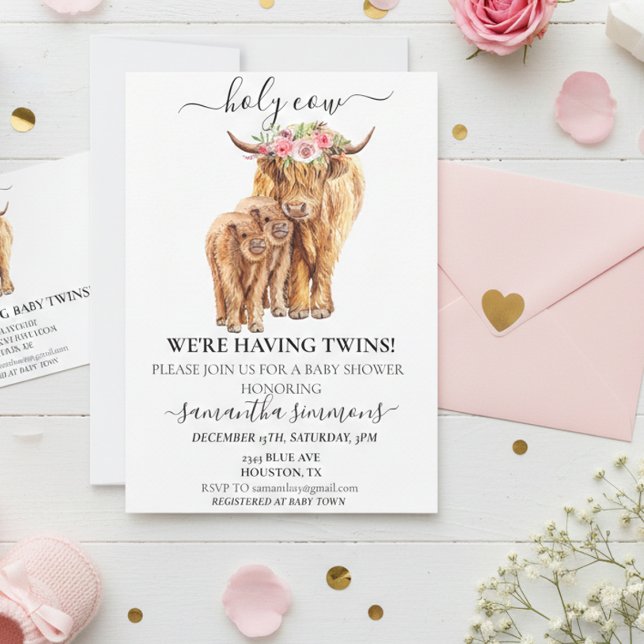 Invitation Fête de bébé jumeaux Sainte Vache Veau des Highlan (Créateur téléchargé)