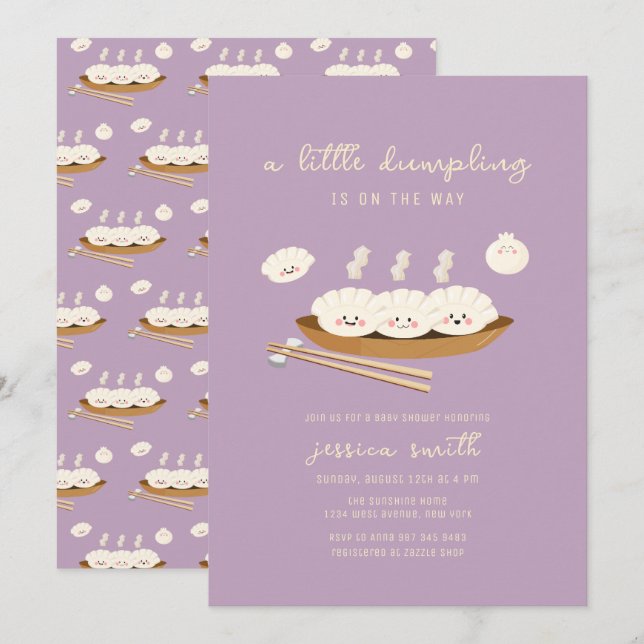 Invitation Fête de bébé Kawaii Purple Bao Dumpling  (Devant / Derrière)