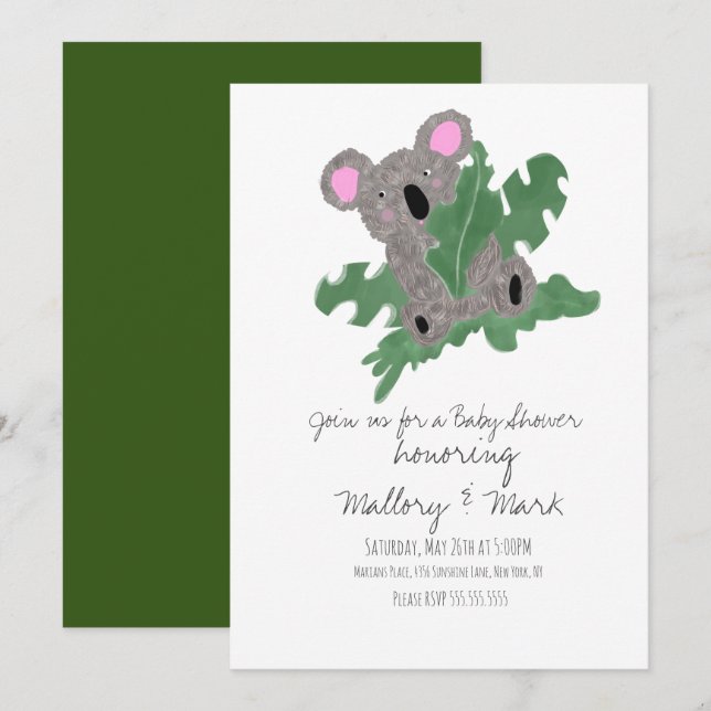 Invitation Fête de bébé Koala dessiné à la main (Devant / Derrière)