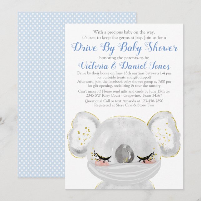 Invitation Fête de bébé Koala garçon avec Masque Drive By (Devant / Derrière)
