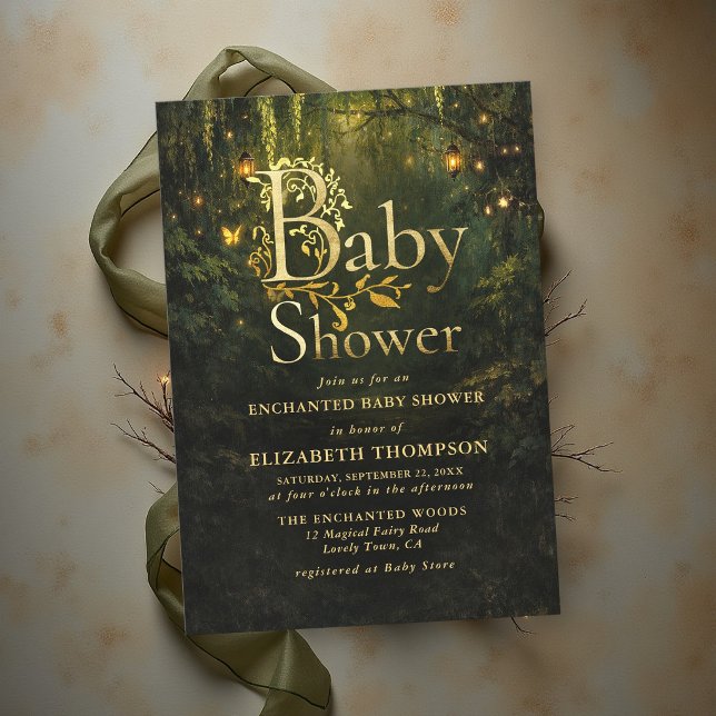 Invitation Fête de Bébé Lanternes de la Forêt Enchantée de Co (enchanted forest baby shower storybook fairytale golden lanterns butterflies magical fairy woodland)