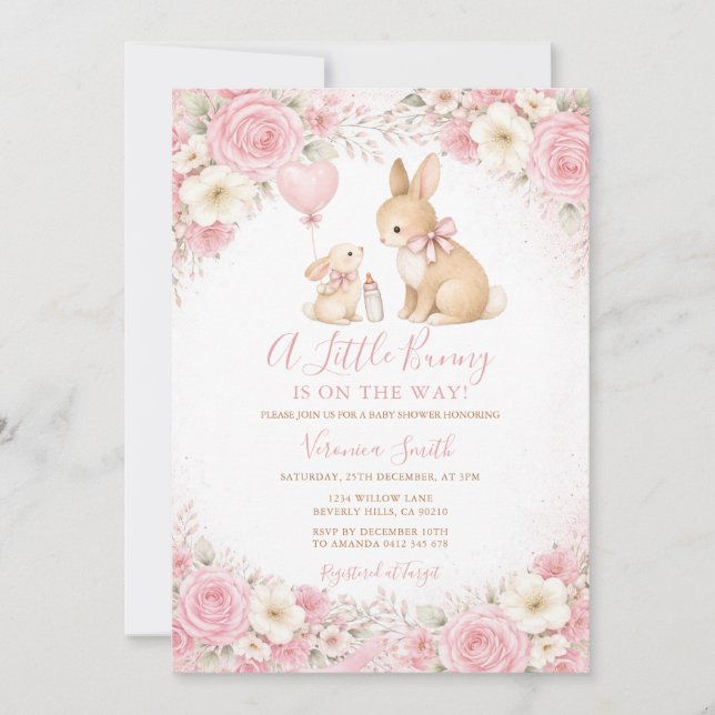 Invitation Fête de bébé Lapin arrive bientôt Floral (Devant)