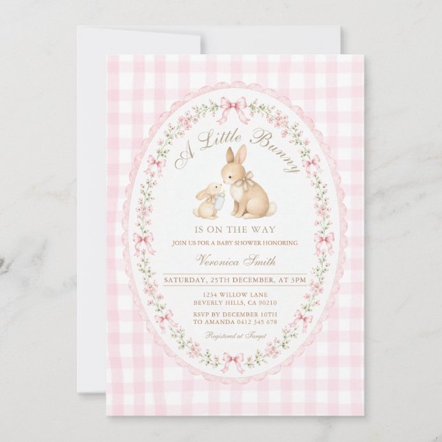 Invitation Fête de Bébé Lapin Coquette (Devant)