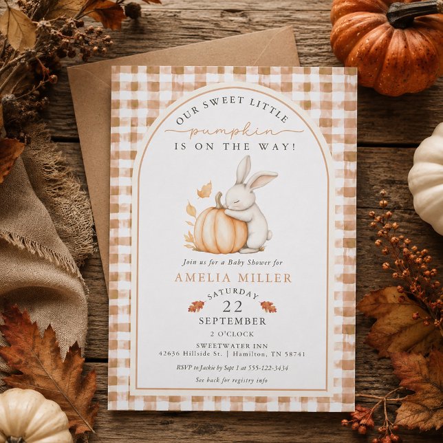 Invitation Fête de Bébé Lapin d'Automne Little Pumpkin en Rou (Fall Bunny Little Pumpkin on the Way Baby Shower Invitation)