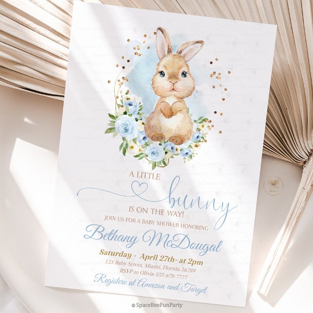 Invitation Fête de bébé lapin garçon (Bunny baby shower, invitation ,baby shower,Some Bunny,Invite Easter,Rabbit boy,Spring Floral,Pink an)