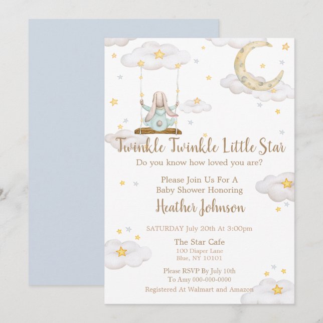 Invitation Fête de Bébé Lapin Twinkle Twinkle Little Star (Devant / Derrière)