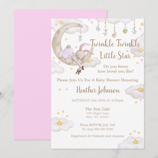 Invitation Fête de Bébé Lapin Twinkle Twinkle Little Star (Devant / Derrière)