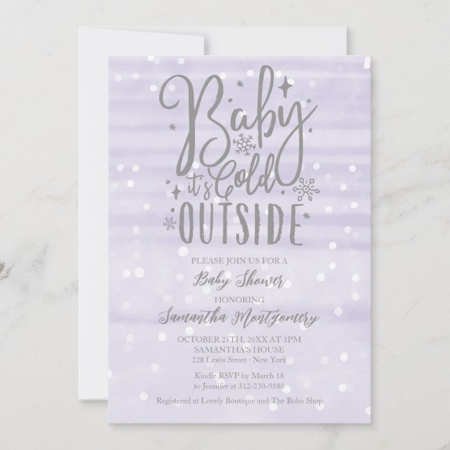 Invitation Fête de bébé lavande Baby It's Cold Outside (Devant)