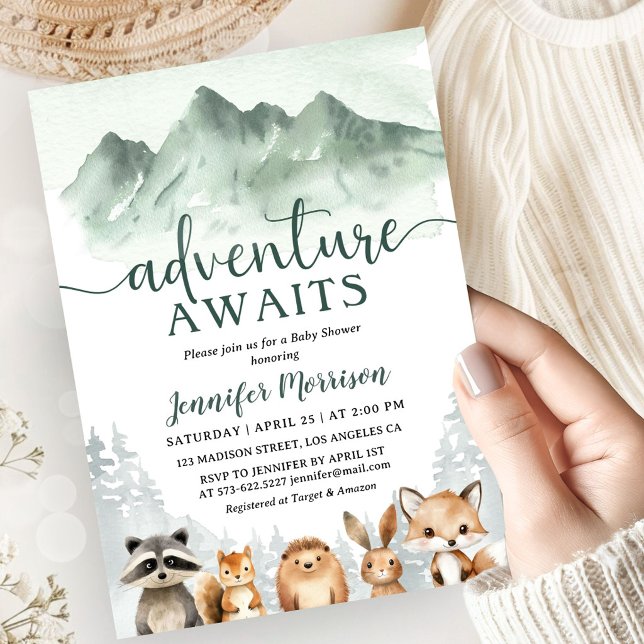 Invitation Fête de bébé "L'Aventure Attend" Forêt de Bois (Créateur téléchargé)