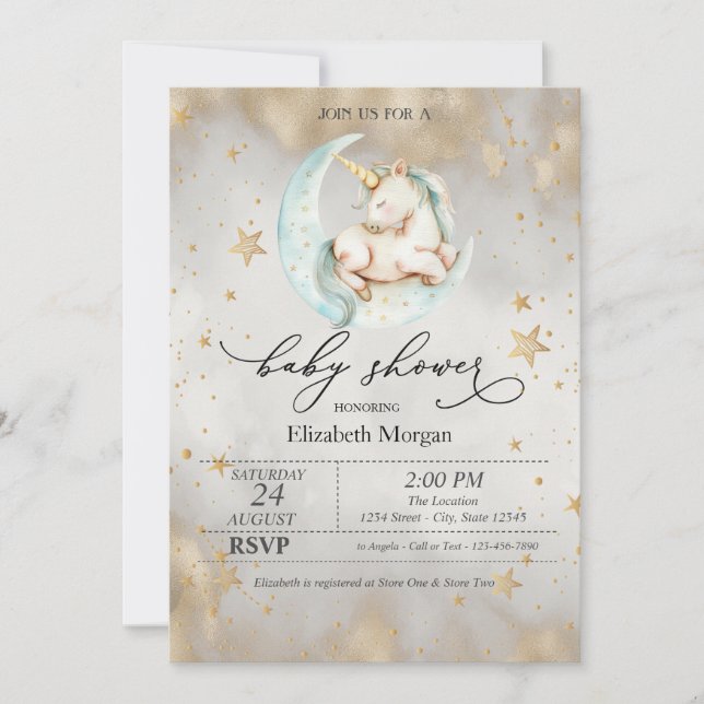 Invitation Fête de bébé Licorne Céleste Lune Étoiles  (Devant)