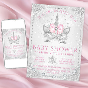 Invitation Fête de Bébé Licorne Flocons de Neige Merveilleux