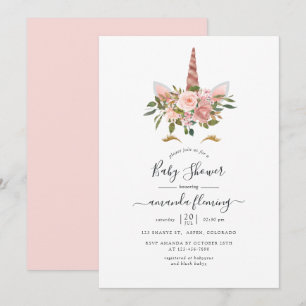 Invitation Fête de bébé licorne florale Rose et Or rose