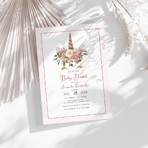 Invitation Fête de Bébé Licorne Florale Rose Gold et Blush