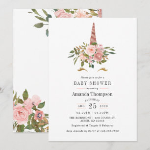 Invitation Fête de bébé licorne florale rose poudré et or ros