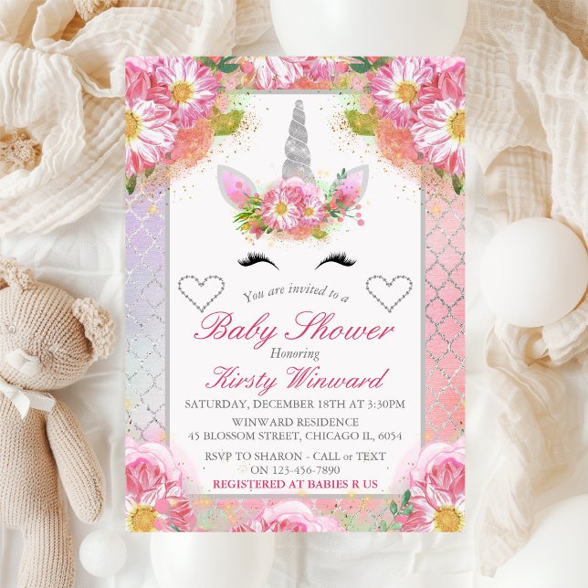 Invitation Fête de Bébé Licorne Rose Argent (Créateur téléchargé)
