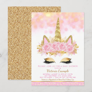 Invitation Fête de bébé licorne Rose Visage de licorne Or