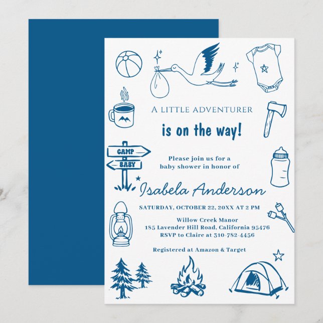 Invitation Fête de bébé Little Camper Doodle garçon  (Devant / Derrière)
