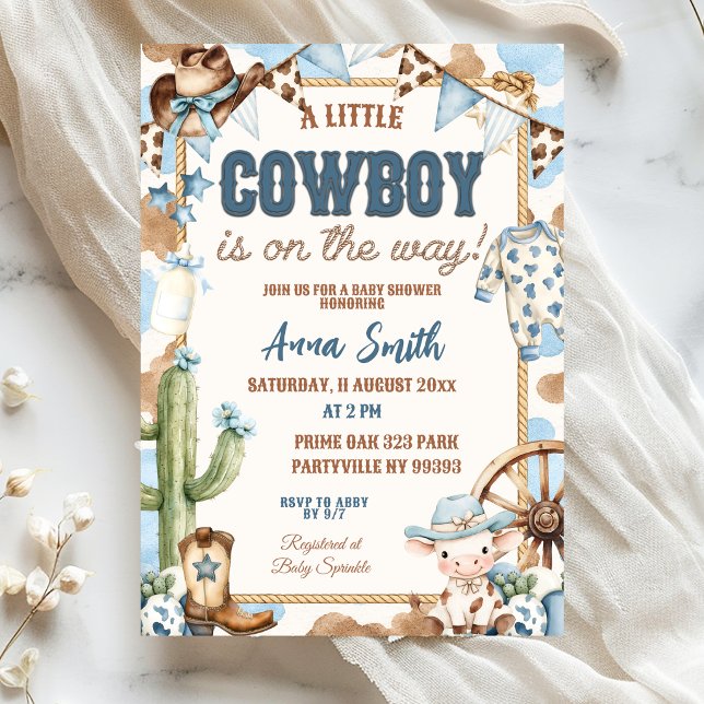 Invitation Fête de Bébé Little Cowboy Bleu En Route (Créateur téléchargé)