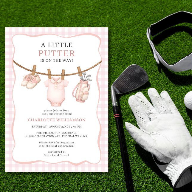 Invitation Fête de bébé Little Putter Pink Golf Linge à linge (Little Putter Pink Golf Clothesline Baby Shower Invitation)
