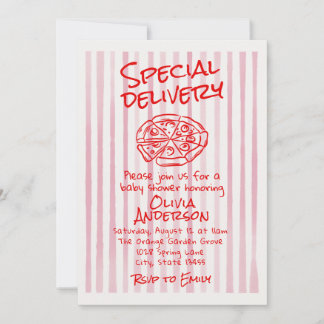 Invitation Fête de Bébé Livraison Spéciale Pizza Rose Aurore 