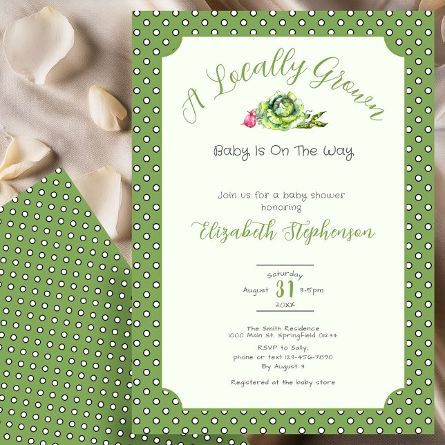 Invitation Fête de Bébé Localement Cultivé Points Vert Sauge (Créateur téléchargé)