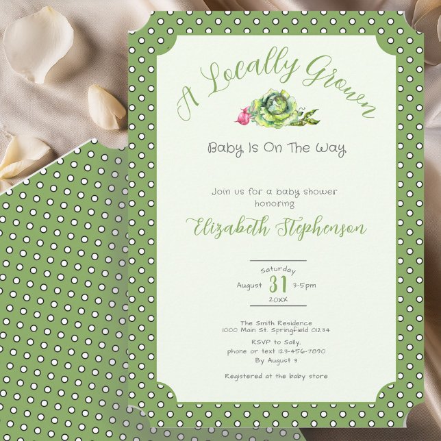 Invitation Fête de Bébé Localement Cultivé Points Vert Sauge (Créateur téléchargé)