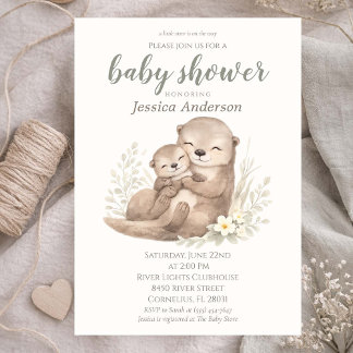 Invitation Fête de Bébé Loutre Bohème Cottagecore Neutre en G