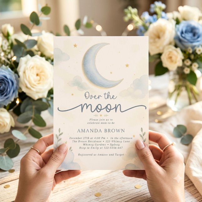 Invitation Fête de Bébé Lune et Étoiles au-Dessus de la Lune (Créateur téléchargé)