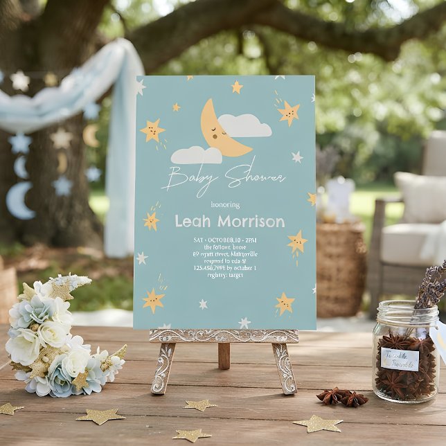 Invitation Fête de Bébé Lune & Étoiles Brille Petite Étoile (Créateur téléchargé)