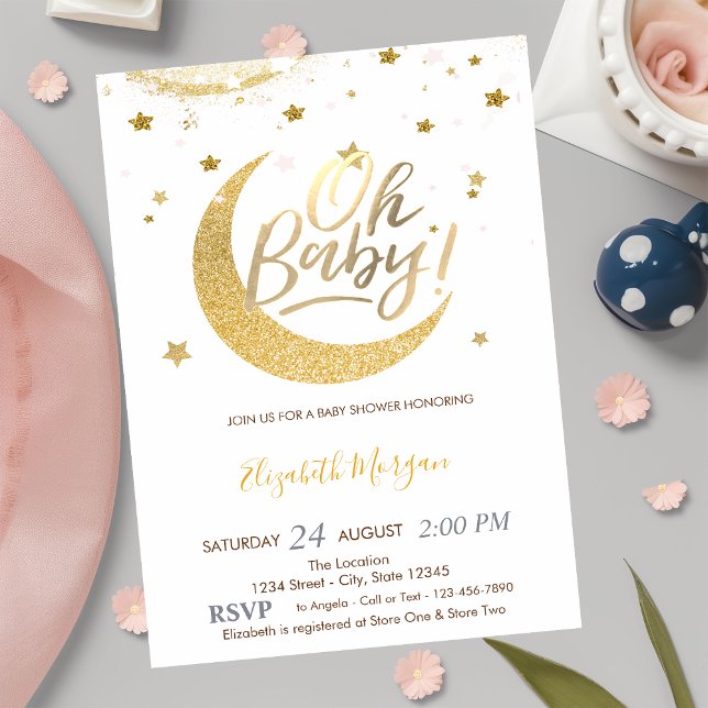 Invitation Fête de Bébé Lune Étoiles Paillettes Dorées (Créateur téléchargé)