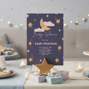 Invitation Fête de Bébé Lune & Étoiles Scintille Petite Étoil