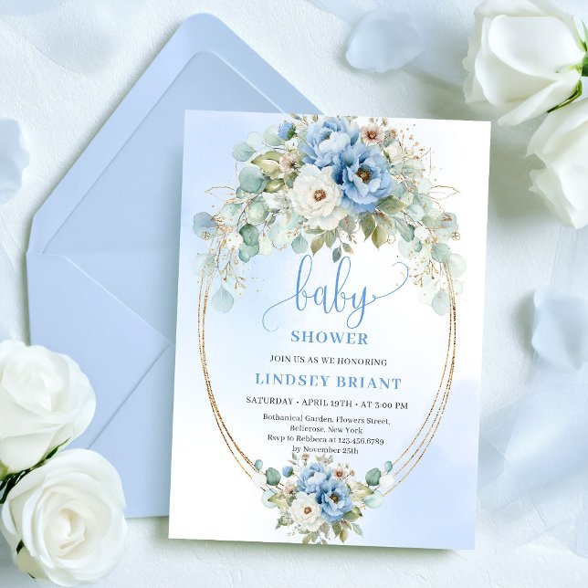 Invitation Fête de bébé Luxe Boho Bleu Poussiéreux Végétal Do (Luxury Boho Dusty Blue Greenery Gold Baby Shower)