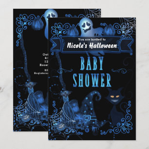 Invitation Fête de bébé Magique Halloween Chat Lumières Bleue