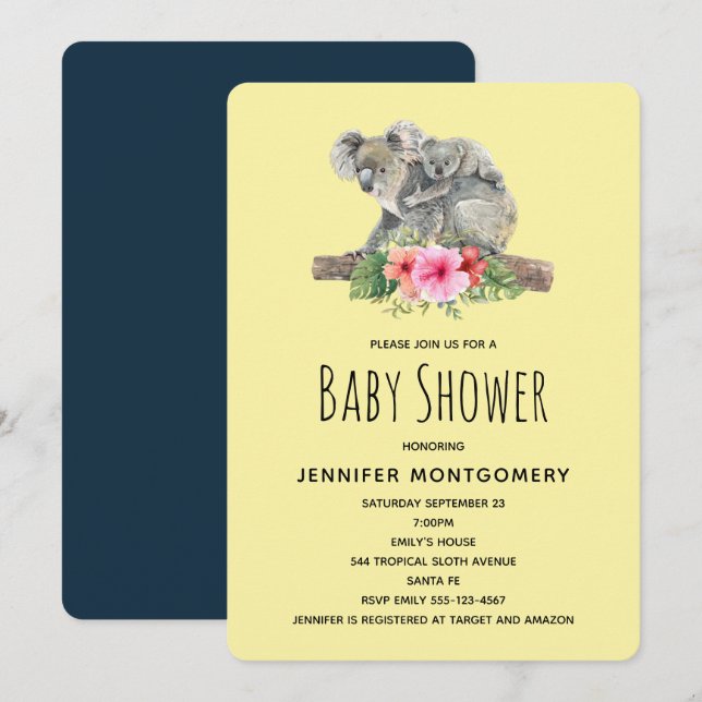 Invitation Fête de Bébé Maman & Bébé Koalas Aquarelle Mignons (Devant / Derrière)