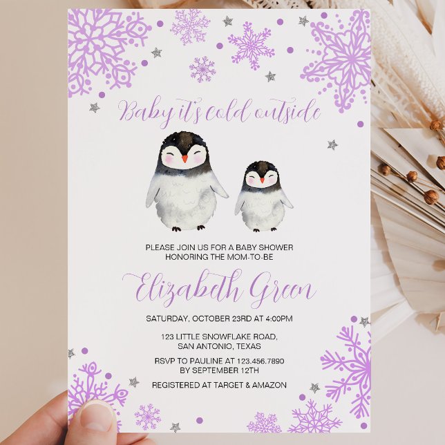Invitation Fête de bébé manchot aux flocons de neige violets (Créateur téléchargé)