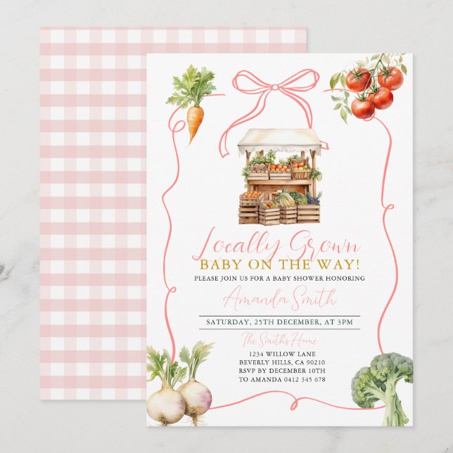 Invitation Fête de Bébé Marché de Légumes Locaux Rose  (Devant / Derrière)
