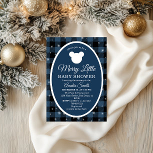 Invitation Fête de Bébé Merry Little en Plaid d'Hiver Bleu