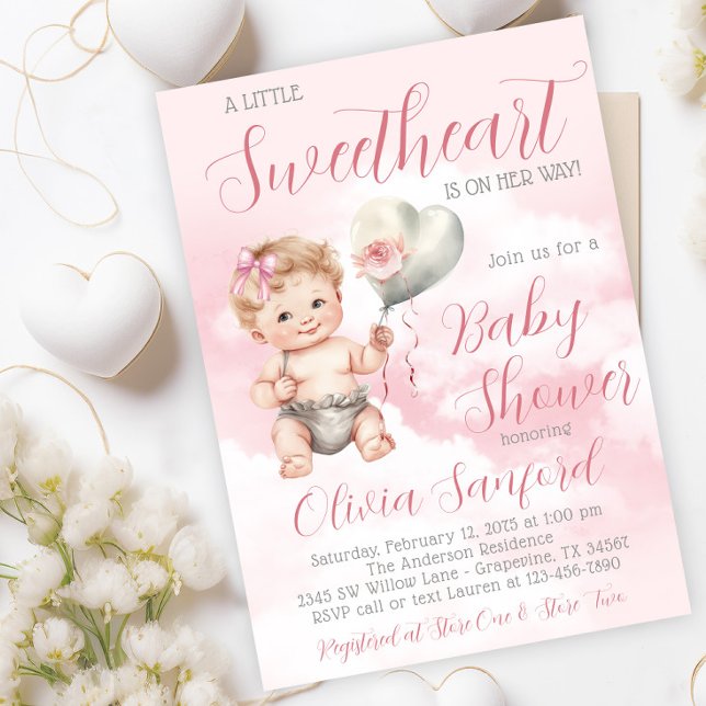 Invitation Fête de Bébé Mignon Petit Chéri (Adorable little sweetheart baby shower invitation with cute baby girl with heart balloon and clouds.)