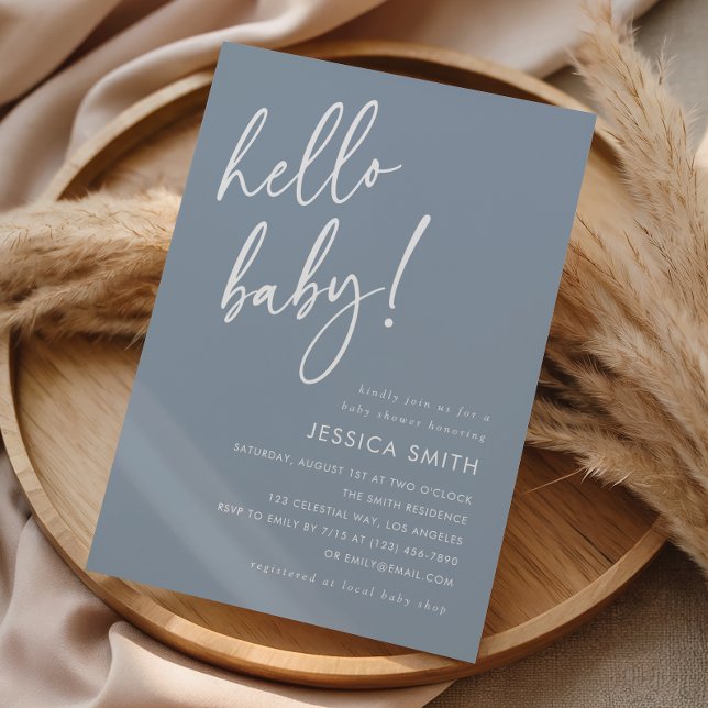 Invitation Fête de bébé minimale Bleu Poussiéreux Hello (Créateur téléchargé)