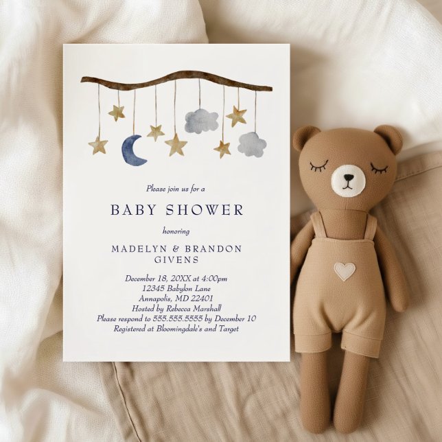 Invitation Fête de Bébé Mobile Ciel Nocturne Rustique Lune et (Créateur téléchargé)