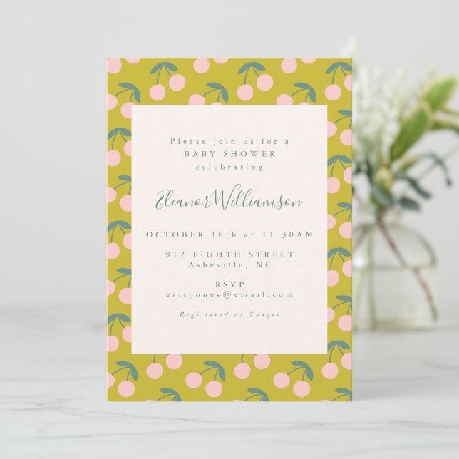 Invitation Fête de bébé moderne à motif cerise rose Chartreus (Debout devant)