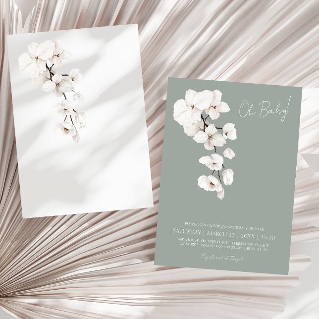 Invitation Fête de Bébé Moderne au Vert Sauge et Orchidée Bla (Modern Sage Green White Orchids Baby Shower, Oh Baby! Invitation)
