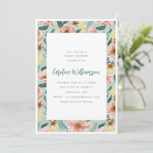 Invitation Fête de bébé moderne aux fleurs de jardin en sauge
