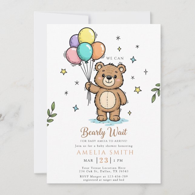 Invitation Fête de bébé moderne avec ours en peluche (Devant)
