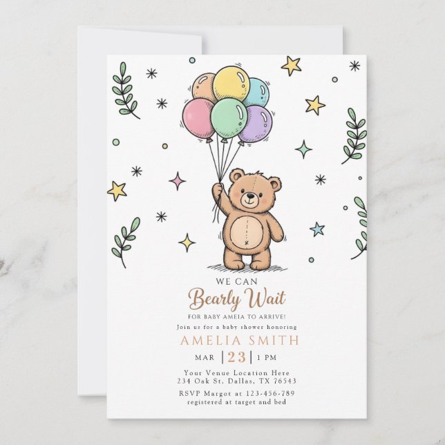 Invitation Fête de bébé moderne avec ours en peluche amical (Devant)