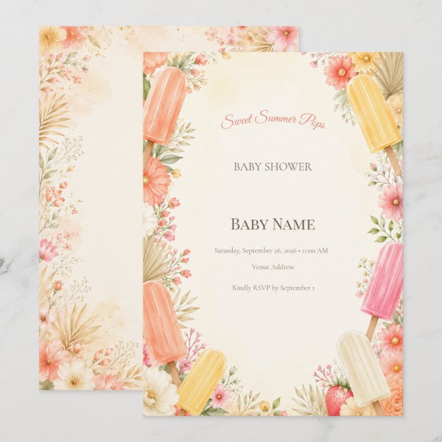 Invitation Fête de Bébé Moderne en Sucette | Douce Été (Devant / Derrière)