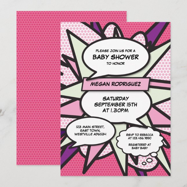 Invitation Fête de Bébé Moderne Paillettes Fille Rose Bande D (Devant / Derrière)