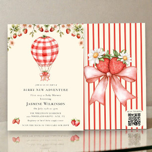 Invitation Fête de Bébé Montgolfière à l'aquarelle fraise