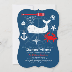 Invitation Fête de bébé nautique bleu et rouge Ahoy