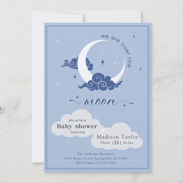 Invitation Fête de Bébé Navy Céleste Étoiles Sur la Lune (Devant)
